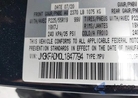 2020 Mazda Cx-5 Grand Touring z USA, uszkodzony, nr VIN JM3KFADM0L1847794